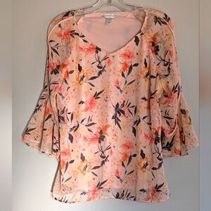 Christopher Banks Flair Sleeve Blouse v-Neck, Size M, pink coral, orange, yellow